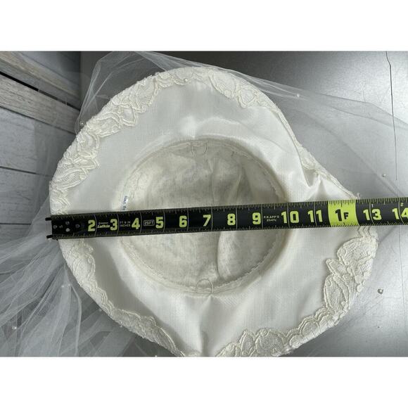 Vintage French White Ivory Lace Tulle Bridal Hat Pearls Rhinestones Veil 80s 90 main image 6